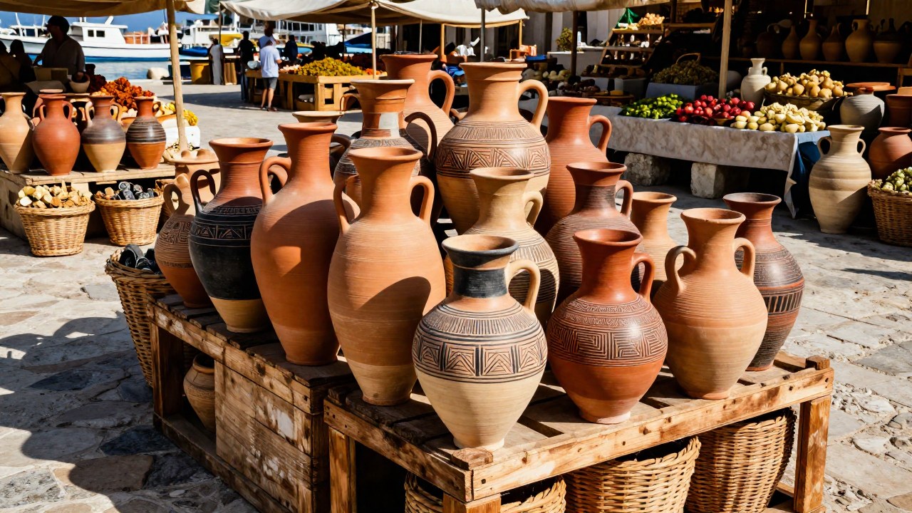 Cerámica micenea y diversos productos en un puerto comercial antiguo del Mediterráneo.