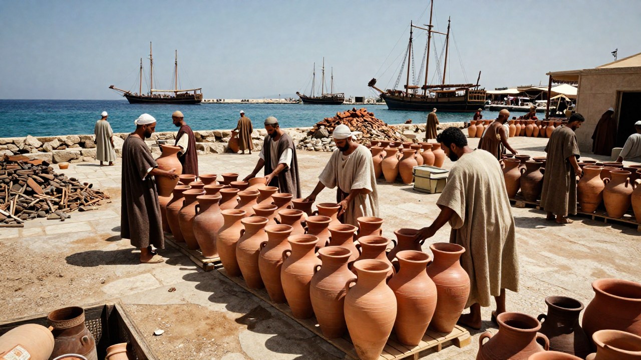 Mercaderes micénicos organizan el comercio de cerámica en un puerto mediterráneo antiguo.