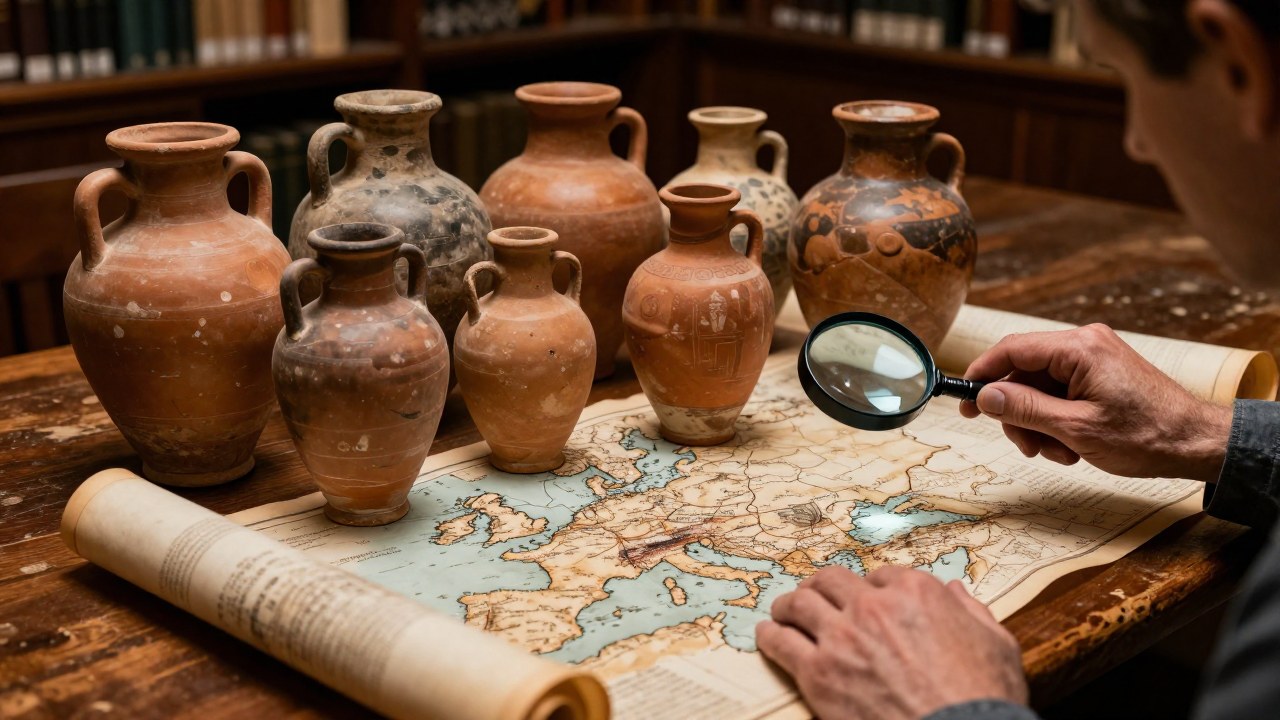 Manos examinando una ánfora antigua junto a un mapa de rutas comerciales romanas.