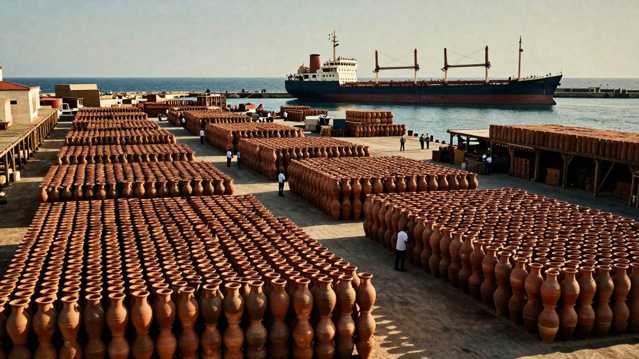 Gran puerto romano lleno de pilas de ánforas que simbolizan el vasto comercio marítimo.