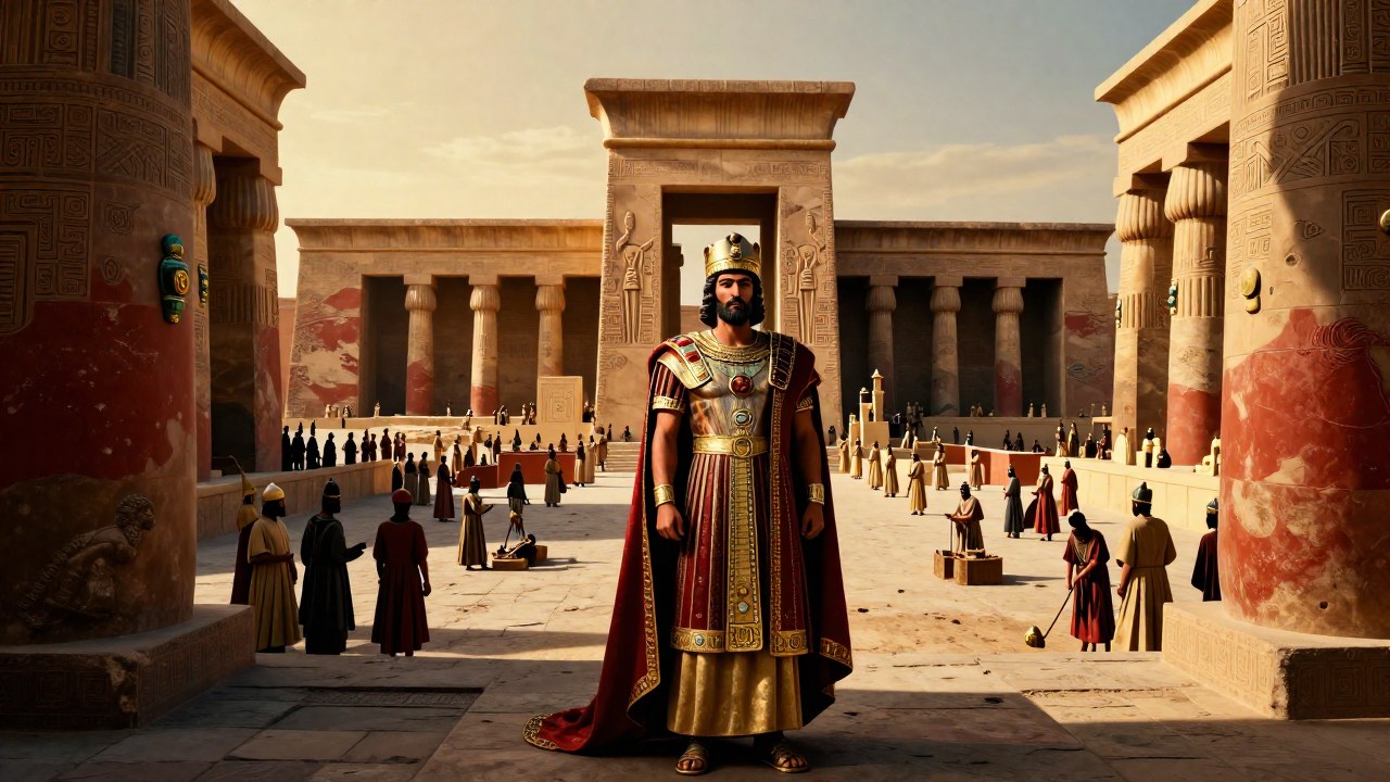 El rey Darius I de Persia preside la consolidación imperial con administradores y constructores en la capital.