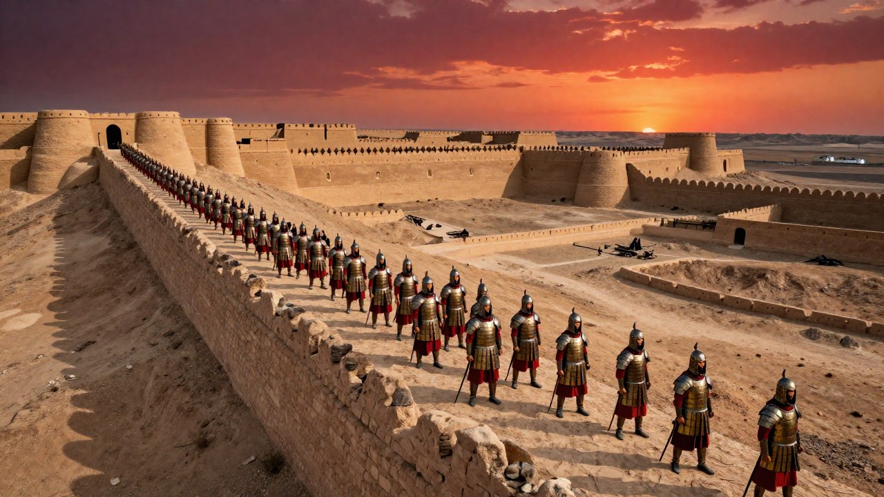 Soldados persas en formación defensiva en un masivo terraplén de fortificación antigua en un altiplano árido.