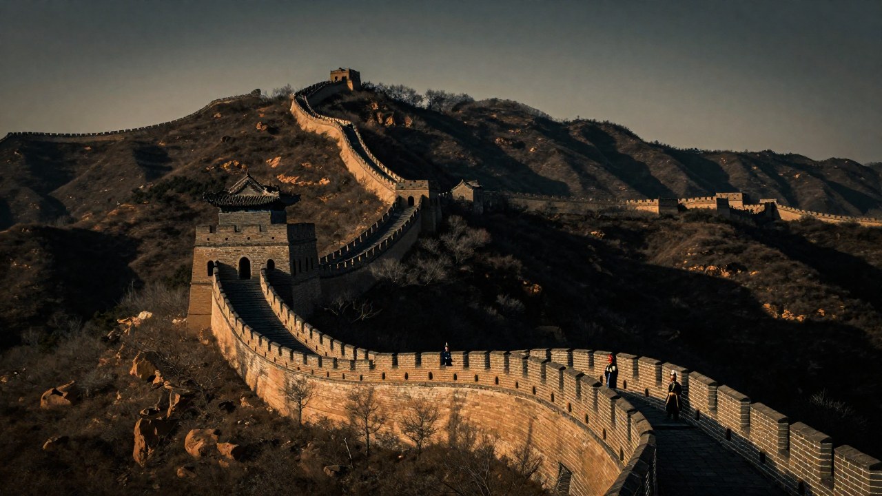 La Gran Muralla de Ming recorre picos montañosos chinos, mostrando su escala y la vigilancia militar.