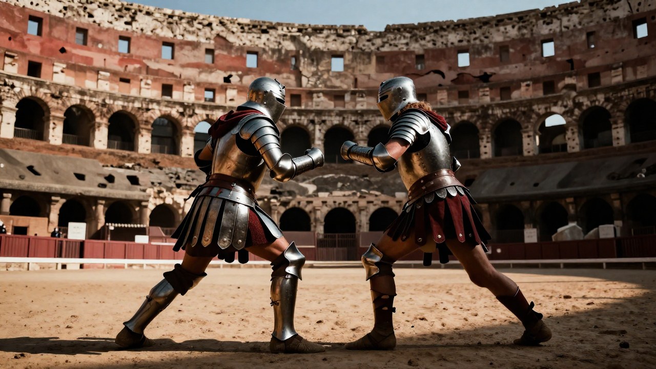 Gladiadores armados se enfrentan en combate en el interior del Coliseo romano.