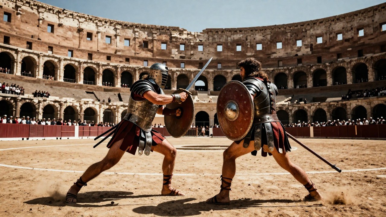 Dos gladiadores armados se enfrentan en combate dentro del colosal Coliseo romano.