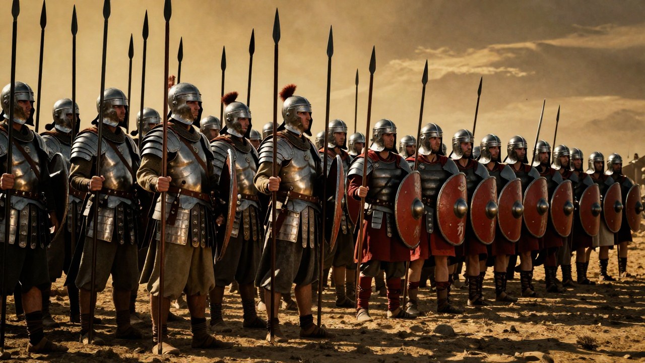 Falangitas macedonios en formación densa evolucionan hacia legionarios romanos con scuta y gladii.
