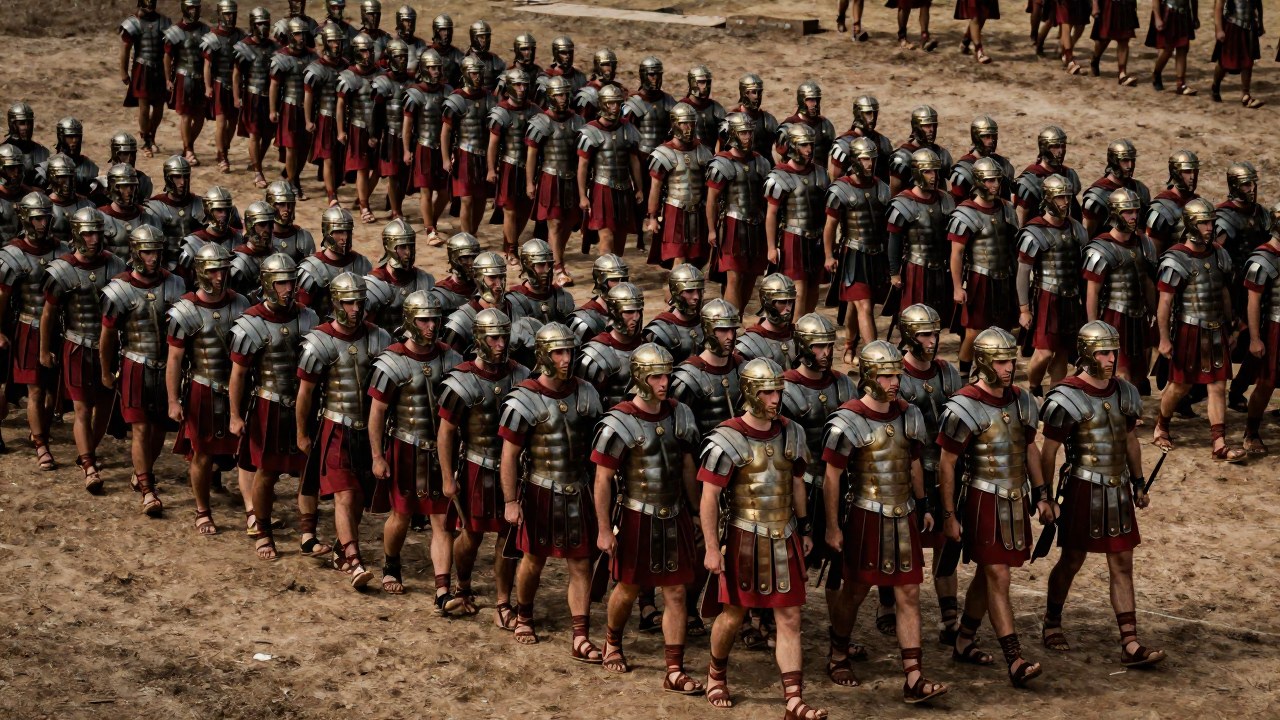 Legionarios romanos marchando disciplinadamente en formación en un campo de entrenamiento militar antiguo.
