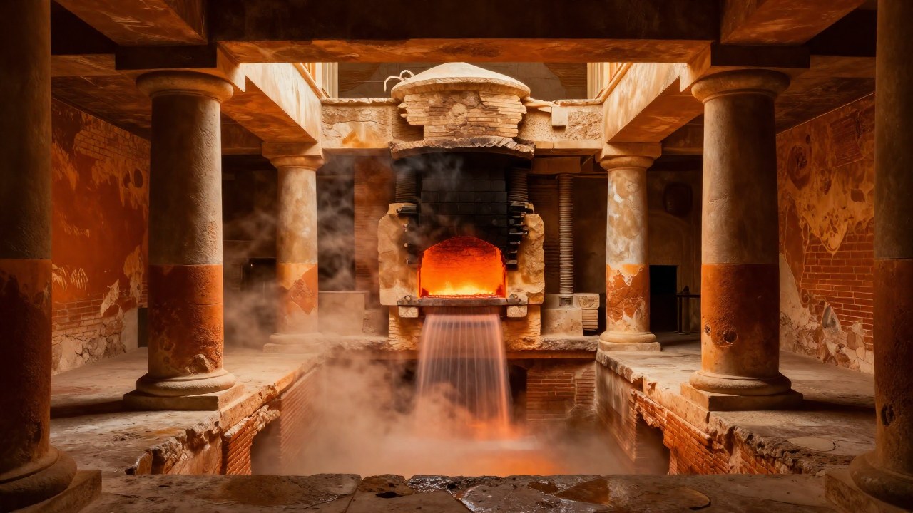 Corte transversal del hipocausto romano, mostrando el flujo de aire caliente entre pilares y el área del horno.