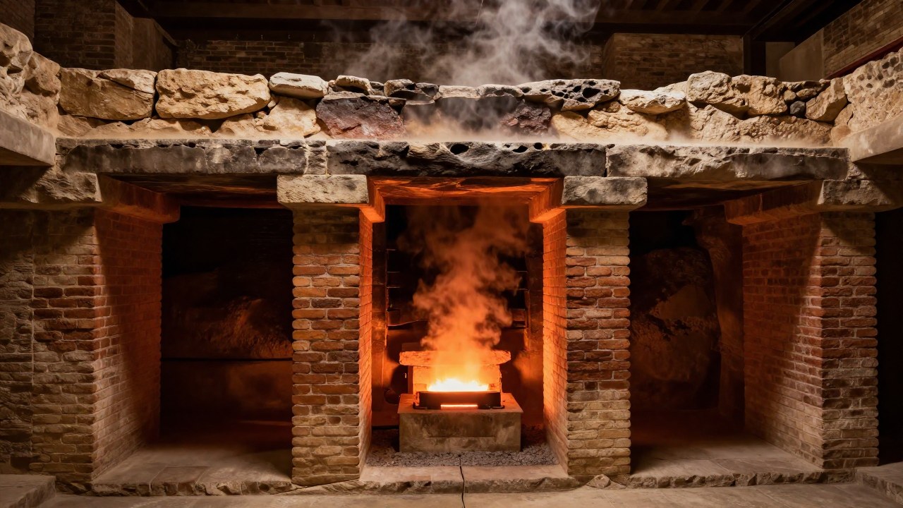 Corte transversal del sistema hipocausto romano, mostrando pilares de ladrillo y flujo de vapor desde el horno.
