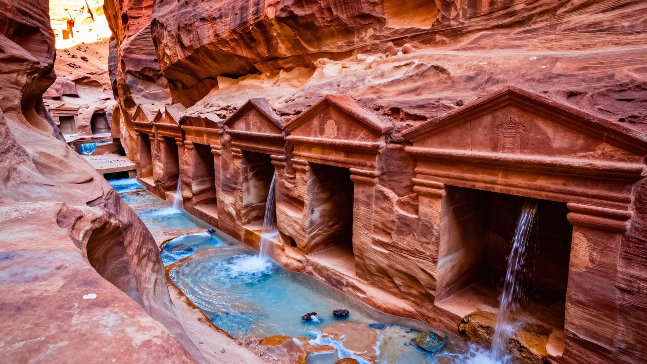 Canales de agua nabateos tallados en las rocas de Petra, mostrando ingeniería hidráulica sofisticada y agua fluyendo.