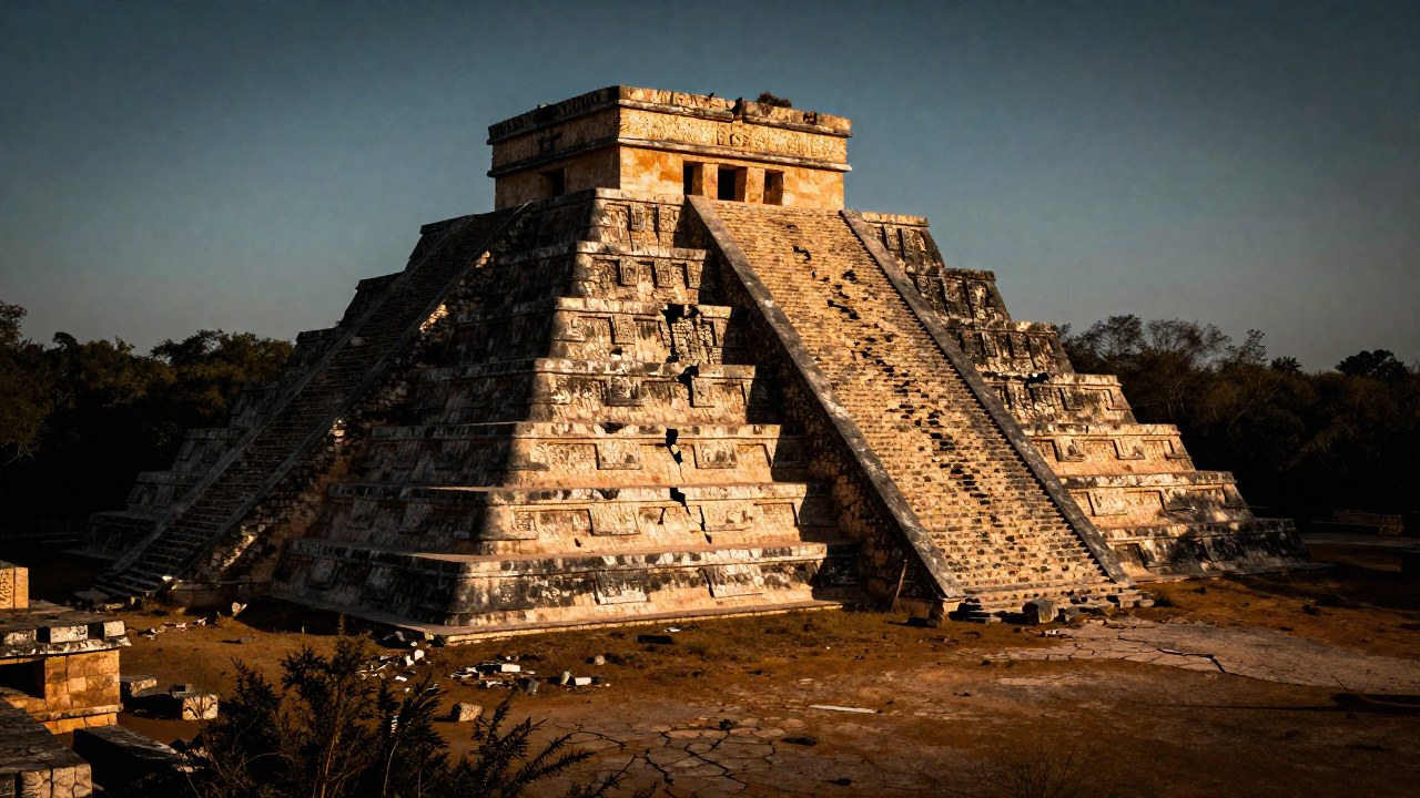 Ruinas de la ciudad maya clásica, erosionadas y en desolación, bajo un paisaje seco y árido.