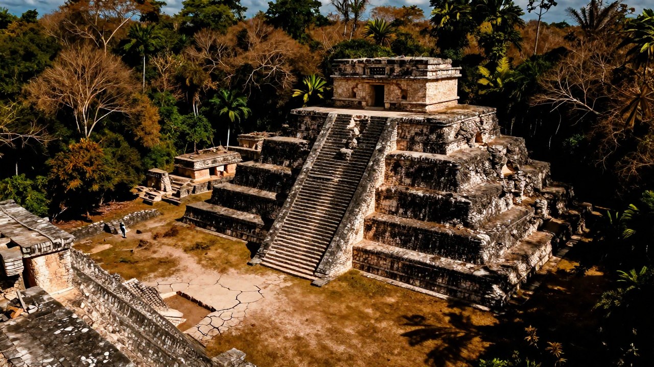 Ruinas mayas monumentales parcialmente cubiertas por una selva seca, simbolizando el declive ecológico de la antigua civilización.