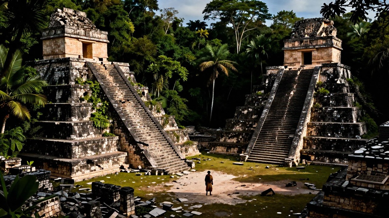 Una figura solitaria observa la desolación de un complejo de pirámides mayas cubierto de vegetación tropical.