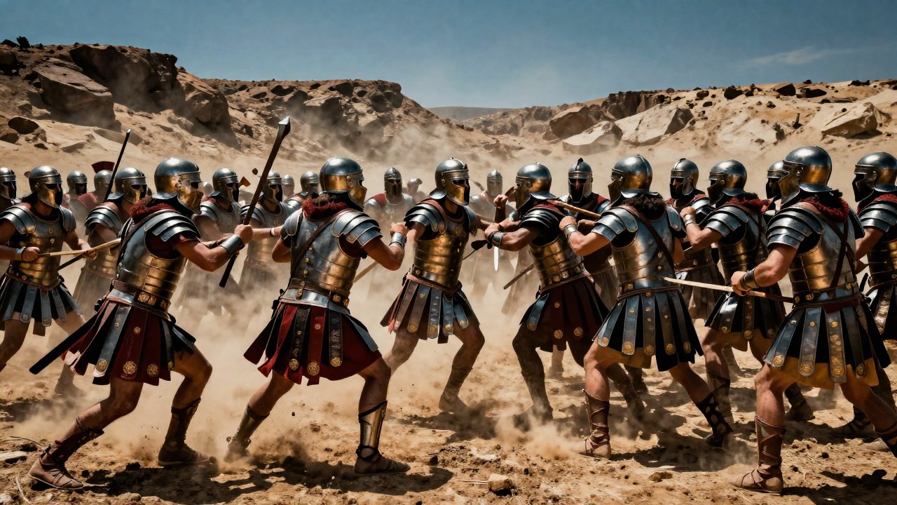 Enfrentamiento en combate entre guerreros persas y hoplitas griegos en un campo de batalla antiguo.