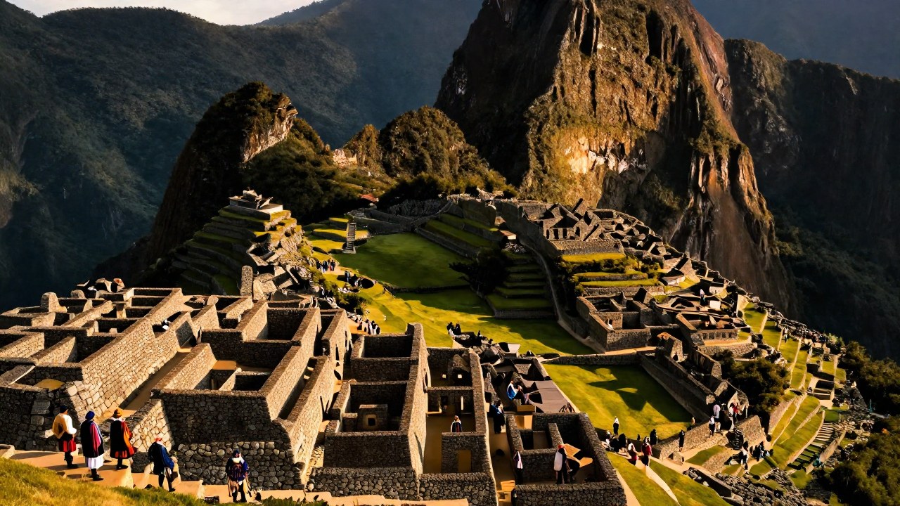 Personas caminan entre las estructuras monumentales de la Ciudad Inca de Machu Picchu.