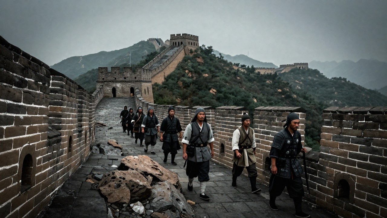 Soldados chinos antiguos patrullan la Gran Muralla de China en un paisaje montañoso desolado.