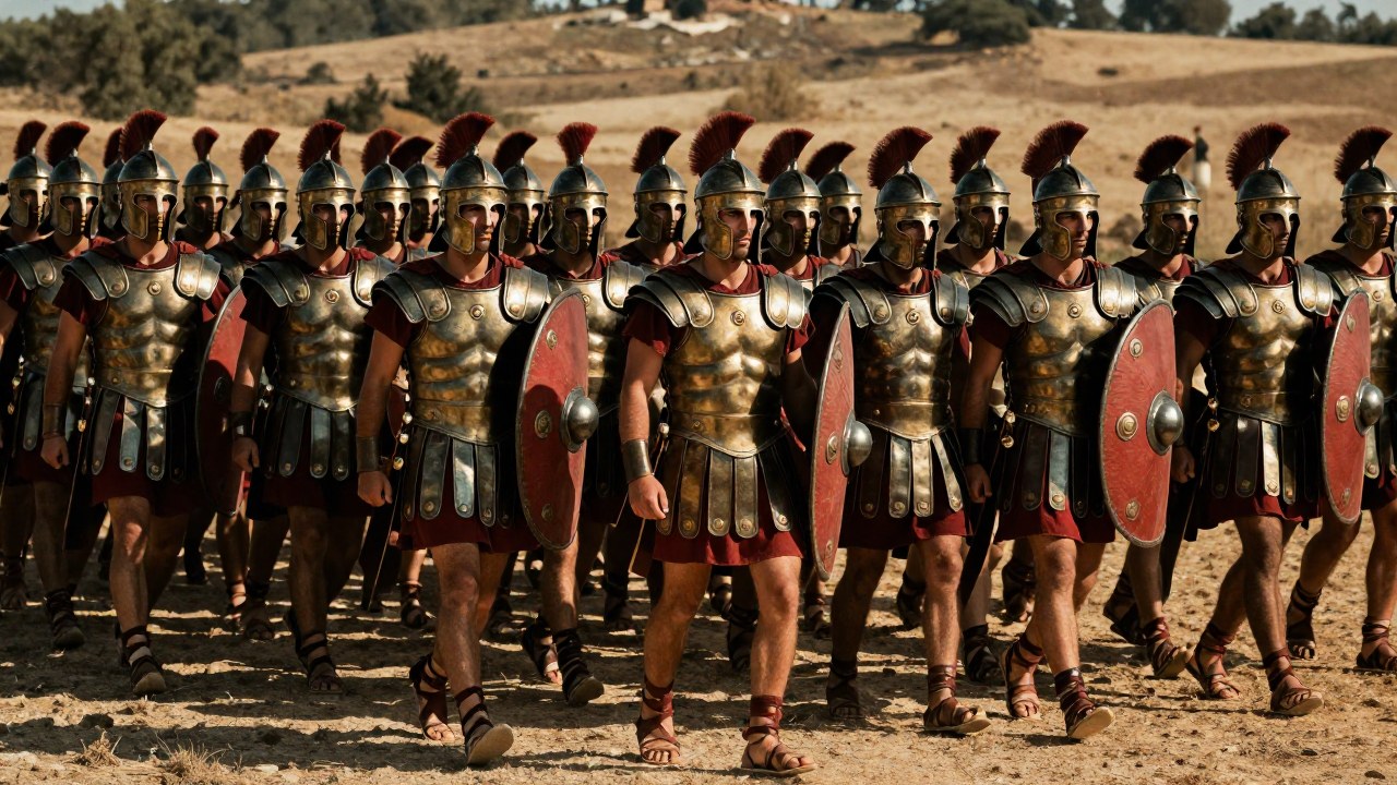 Soldados hoplitas griegos en falange marchando con disciplina en una llanura antigua.