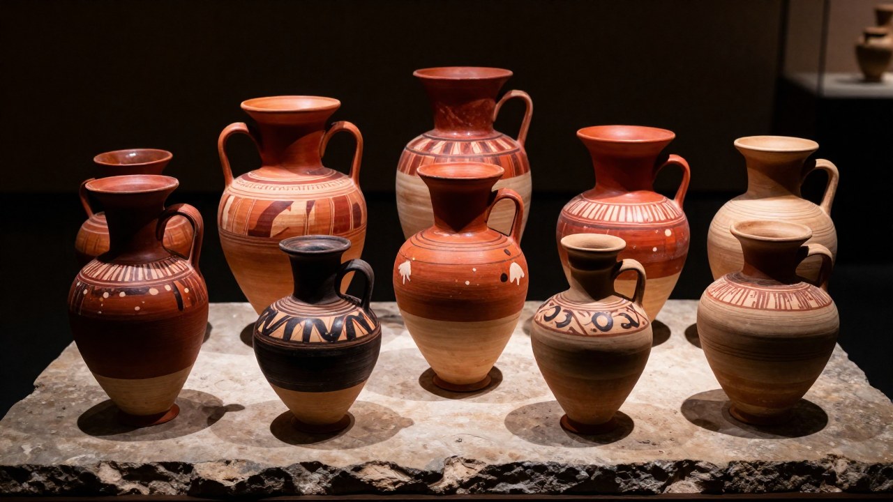 Variedad de vasijas de cerámica micénica mostrando la evolución de estilos y diseños antiguos.