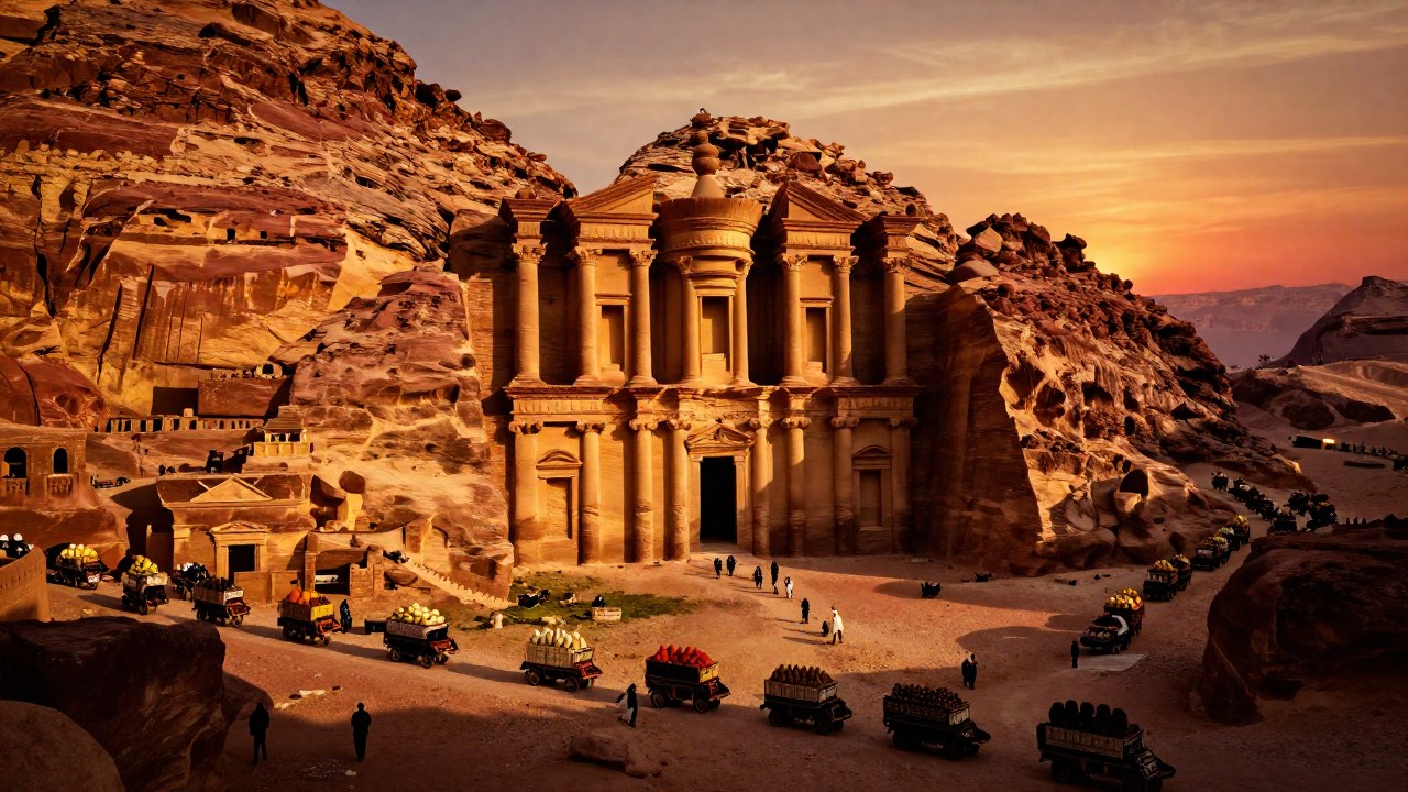 Ciudad nabatea en el desierto mostrando la fusión de arquitectura helenística y rutas comerciales.