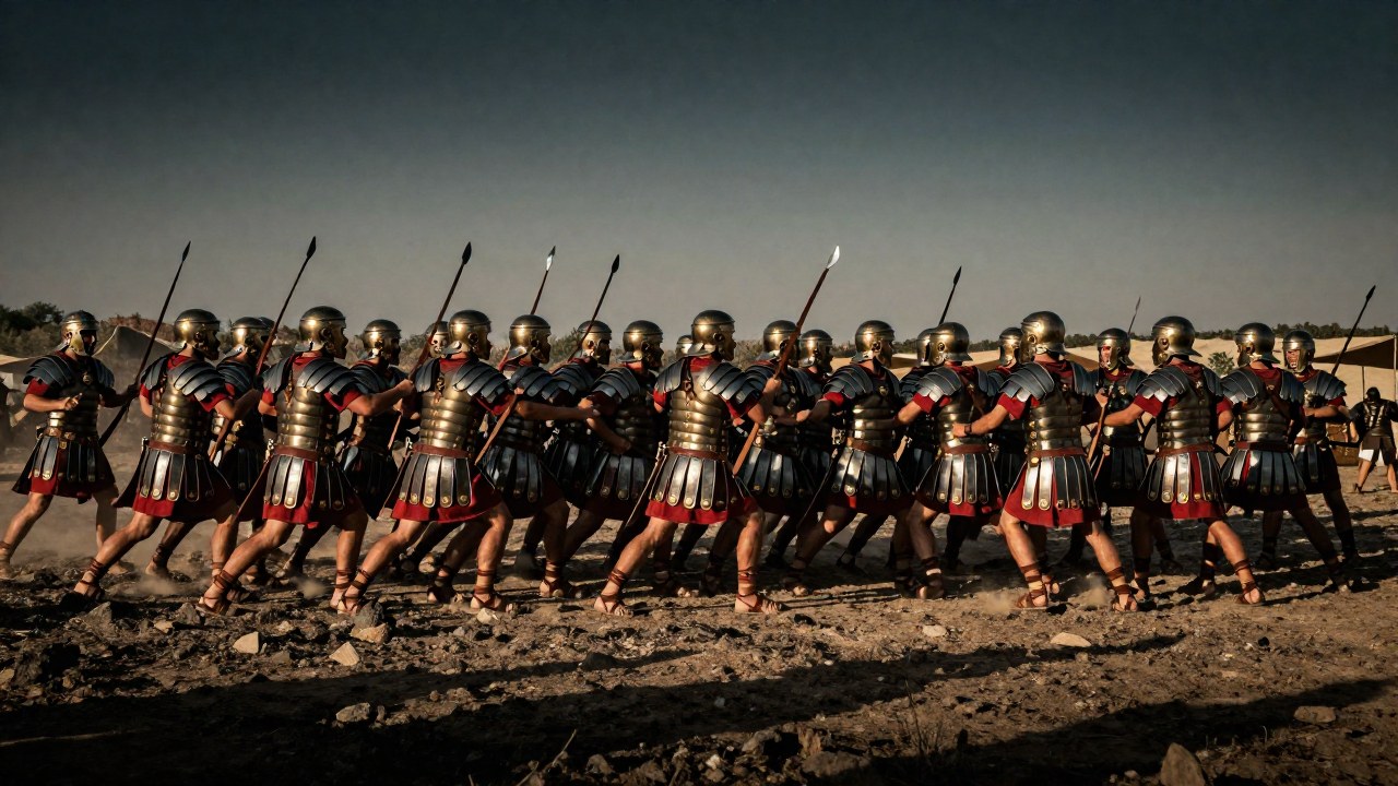 Legionarios romanos en formación disciplinada realizando un movimiento táctico coordinado en un campo de batalla.