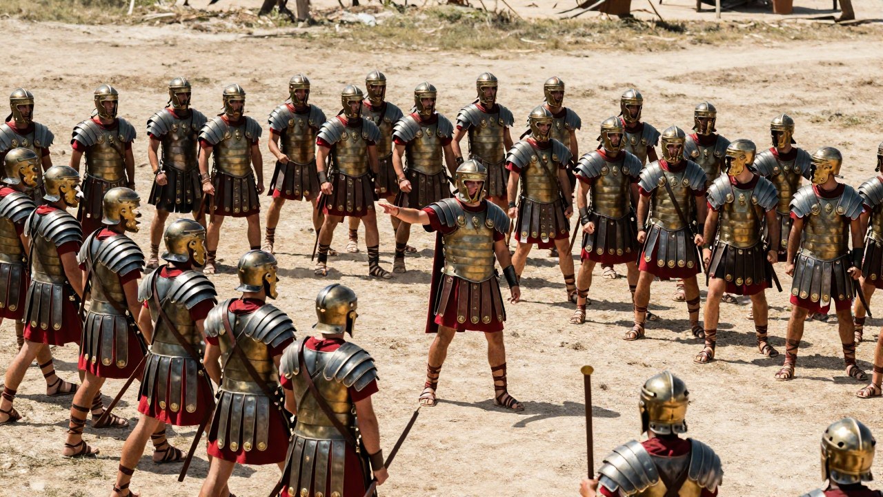 Centurión romano dirige la maniobra táctica sincronizada de una legión disciplinada en el campo de batalla.