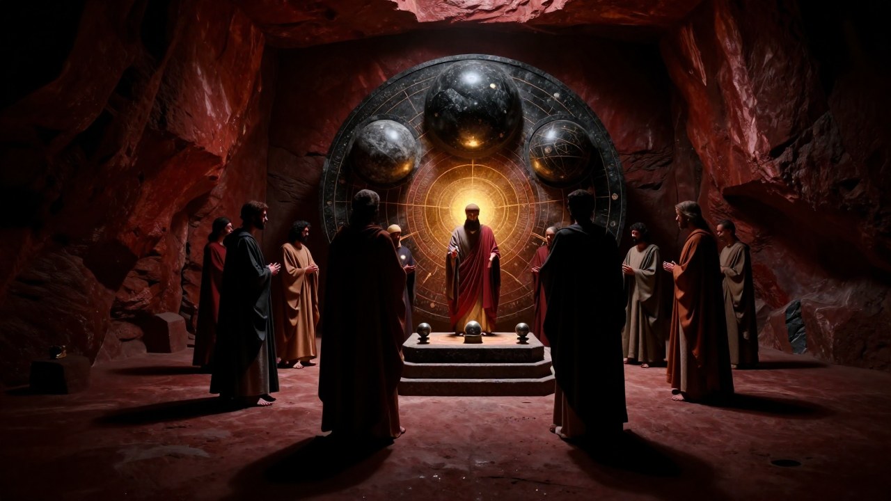 Ritual ancestral en caverna: figuras en túnicas realizan una ceremonia alrededor de un altar simbólico.