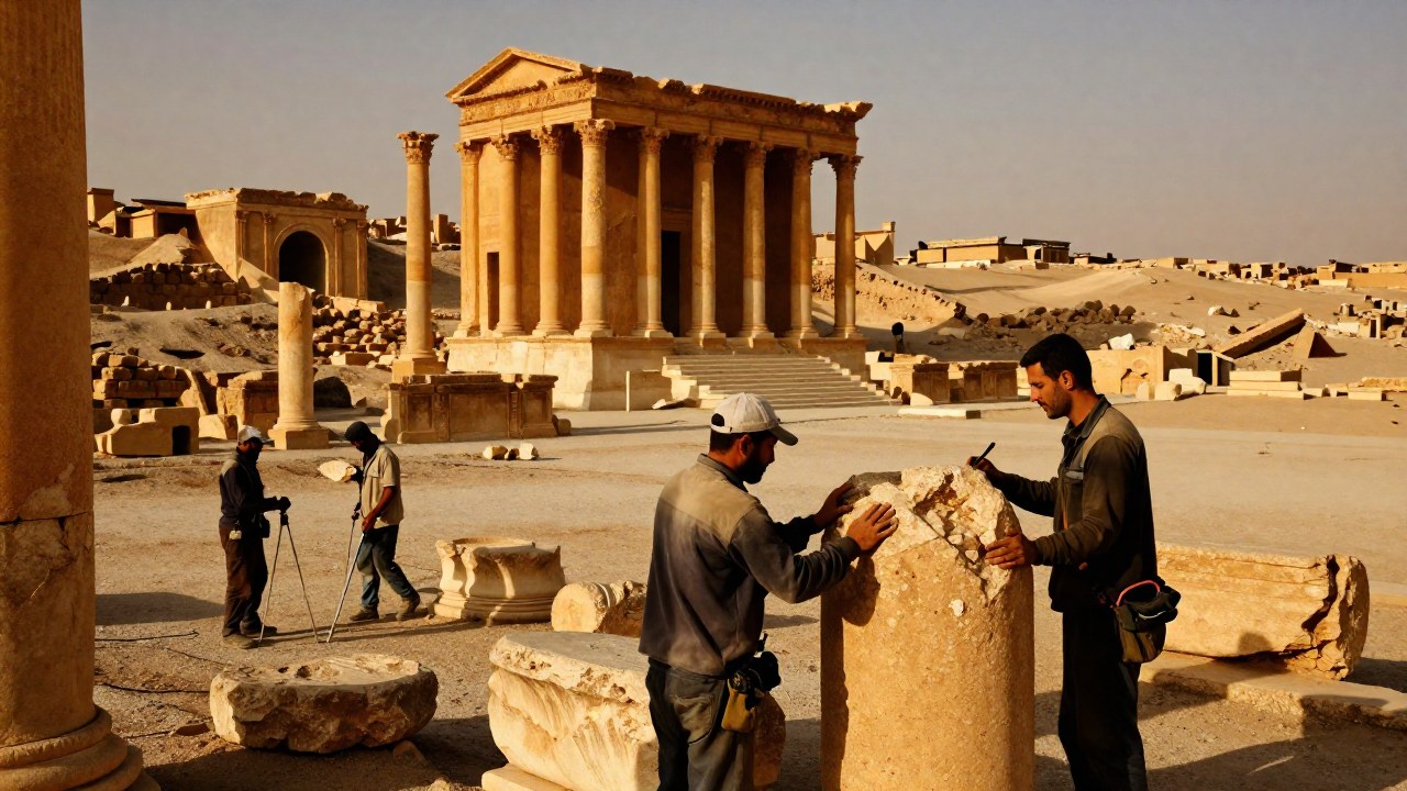 Conservadores estabilizan una columna antigua en las ruinas de Palmira, mostrando la labor de recuperación histórica.