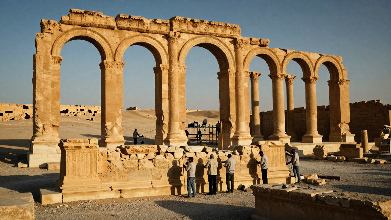 Arqueólogos restauran las ruinas monumentales de Palmira, contrastando la historia con la conservación moderna.