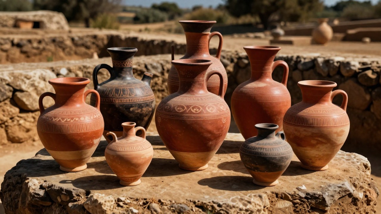 Conjunto de artefactos de cerámica micénica en un entorno de excavación arqueológica.