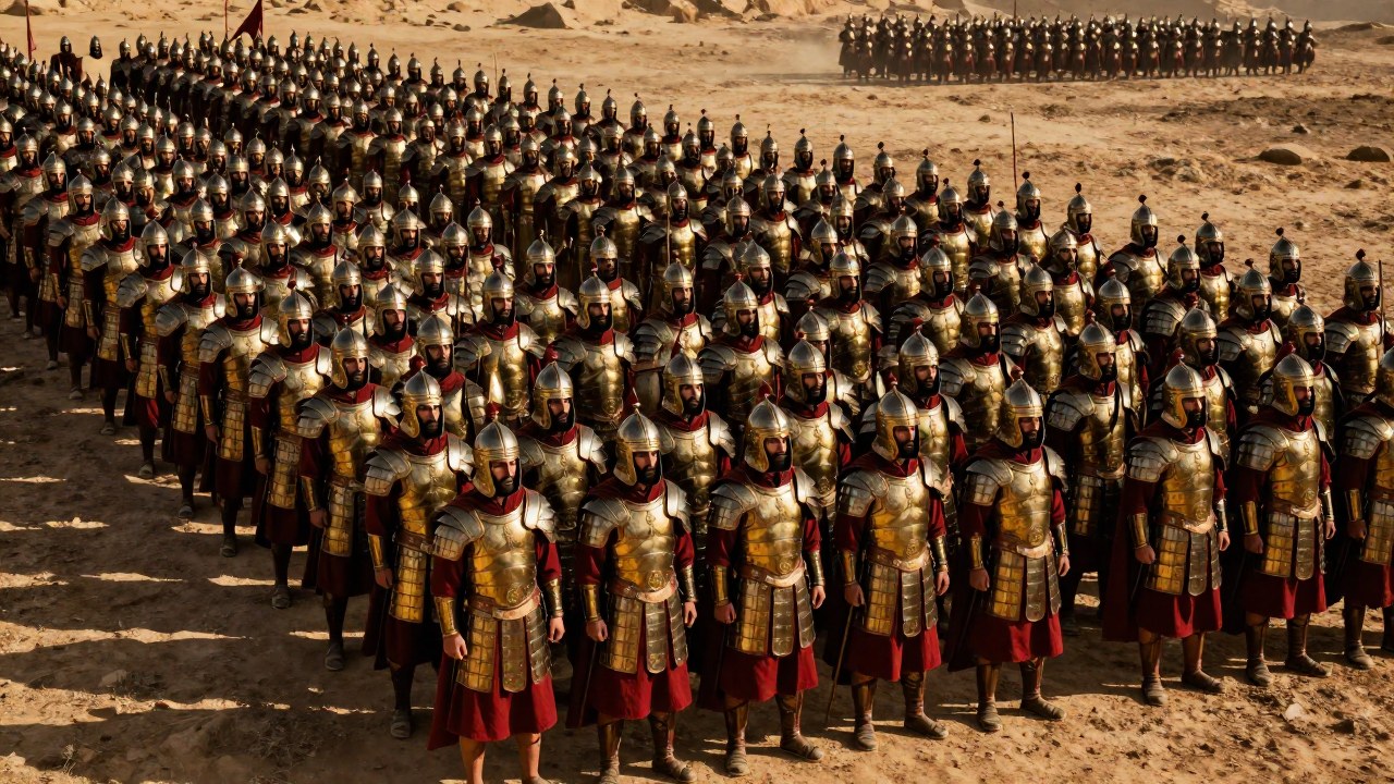 Phalanx de guerreros persas en armadura dorada y bronce, formados en disciplina en un campo de batalla árido.