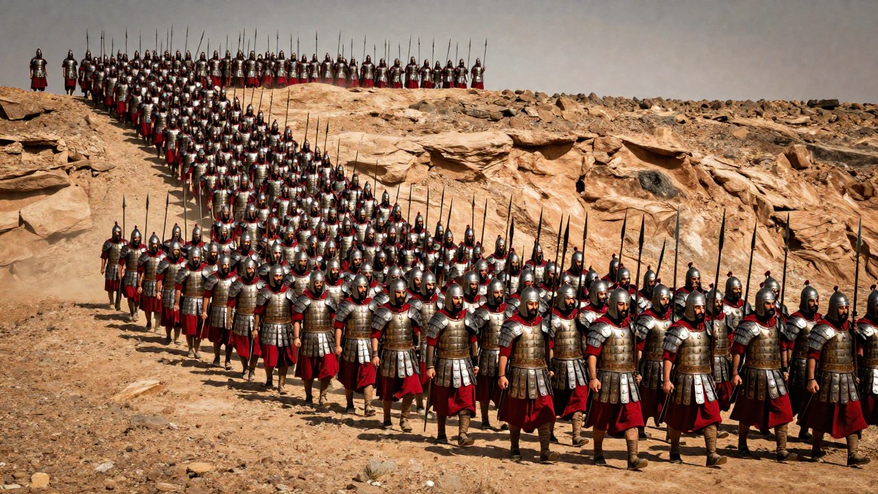 Grandes contingentes de Inmortales persas marchan en formación disciplinada por la meseta antigua.