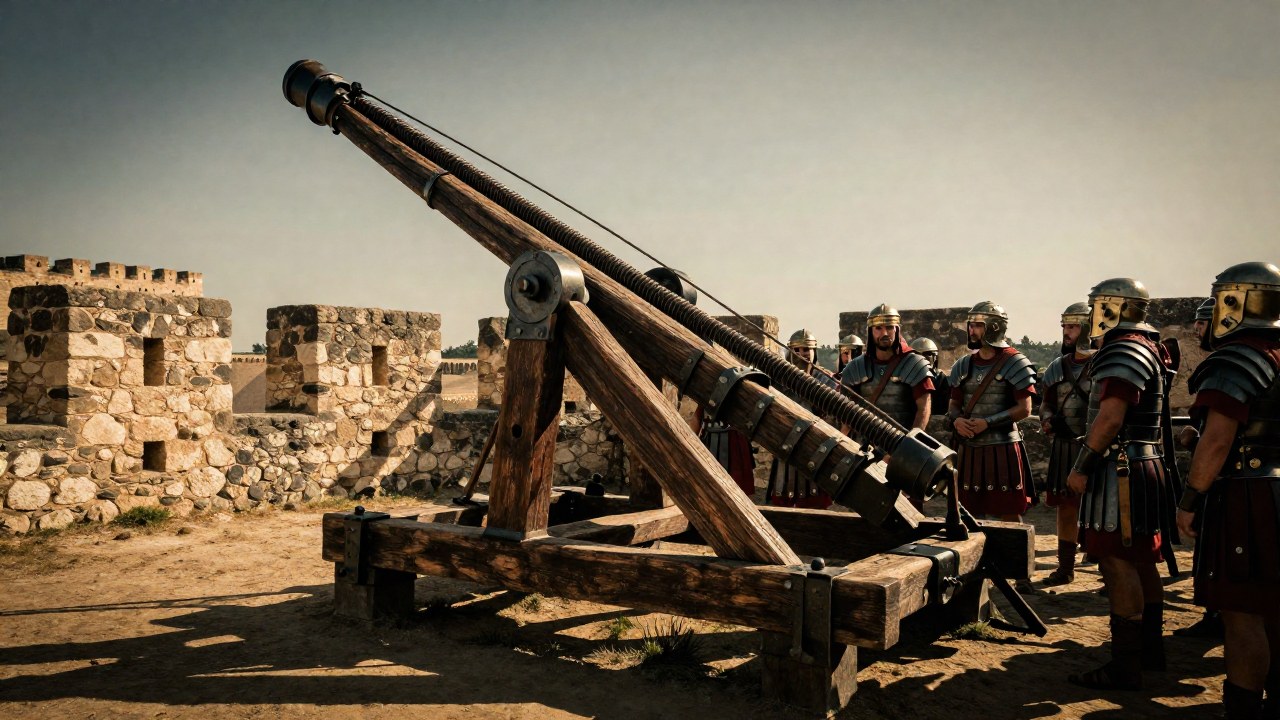 Legionarios romanos operan una ballista masiva durante un asedio, apuntando a una fortificación enemiga.