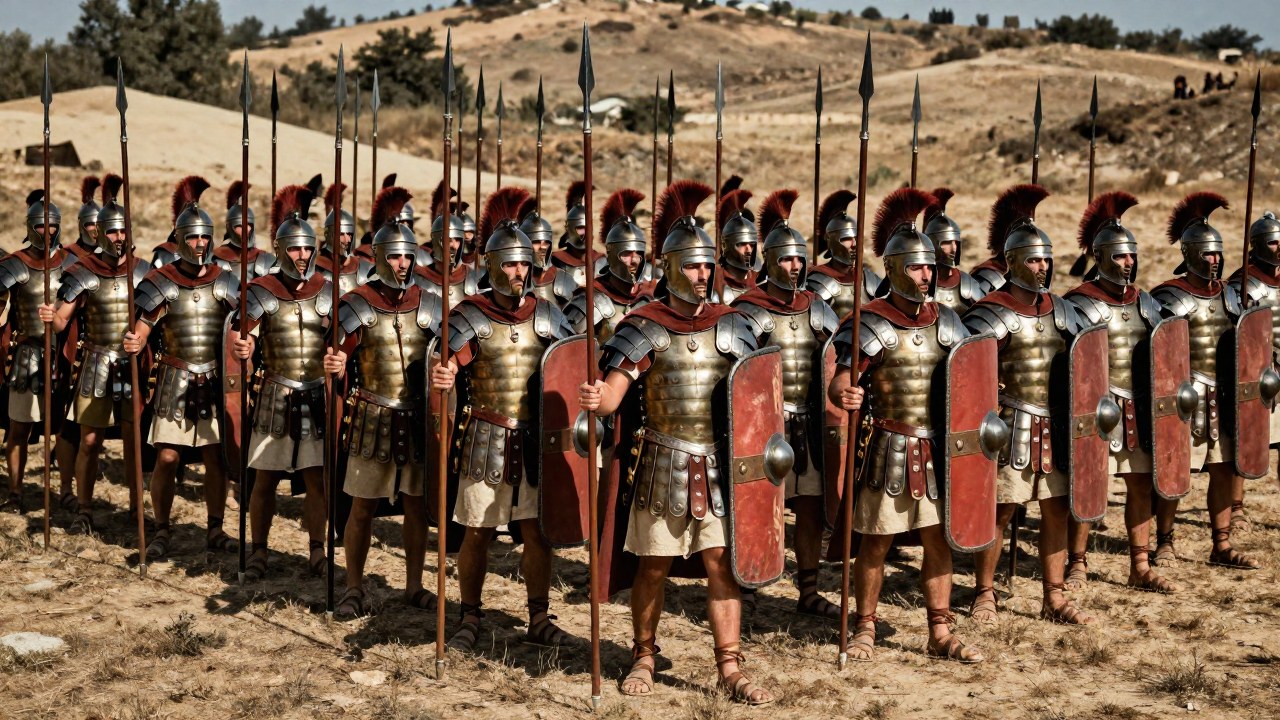 Formación disciplinada de guerreros macedonios con armaduras y lanzas en un campo de batalla antiguo.