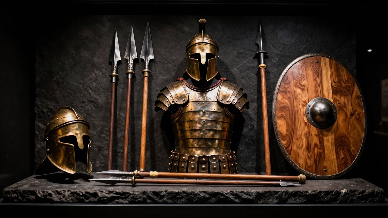 Conjunto de artefactos militares de la Falange macedonia, incluyendo cascos de bronce y lanzas de hierro.