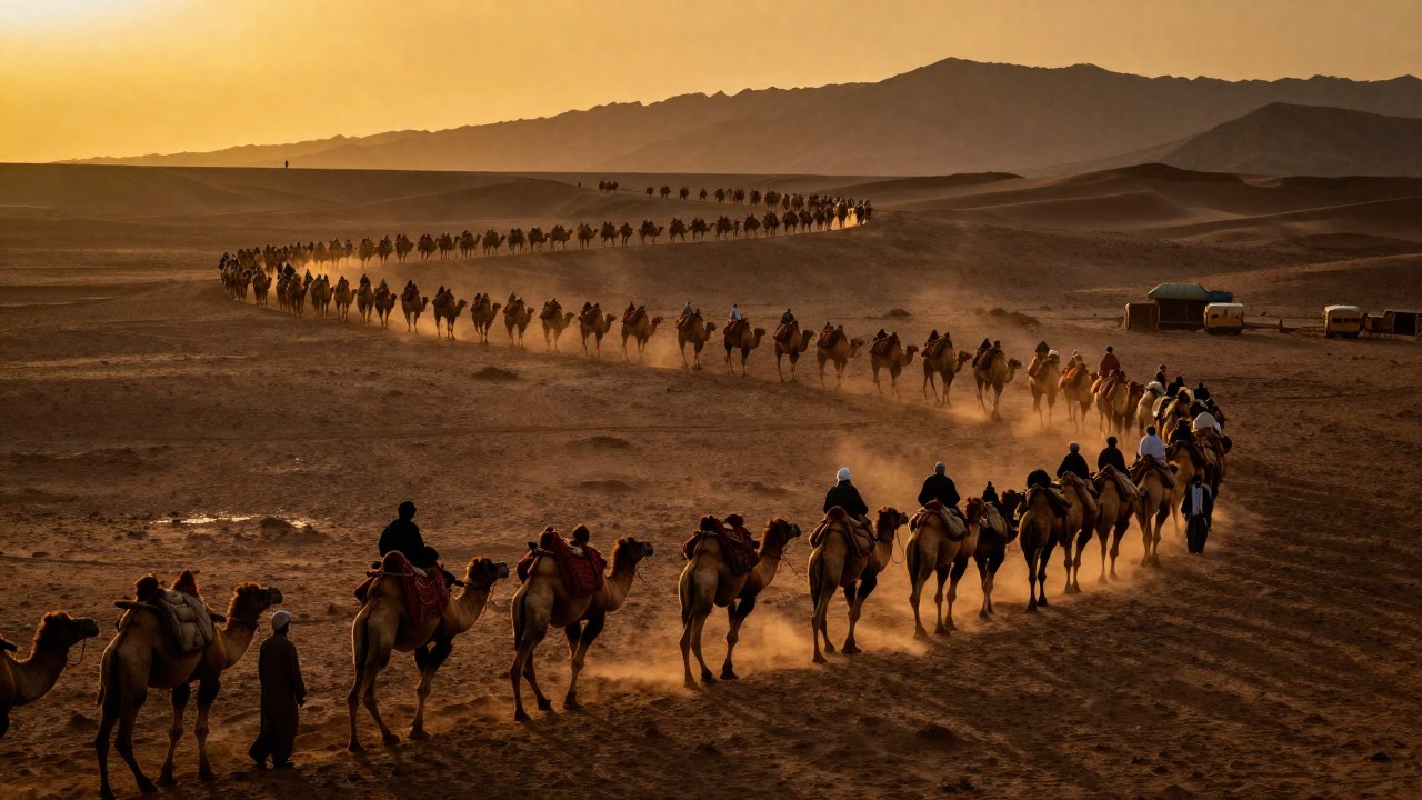Caravana de comerciantes y camellos en la Ruta de la Seda atravesando un vasto desierto al atardecer.