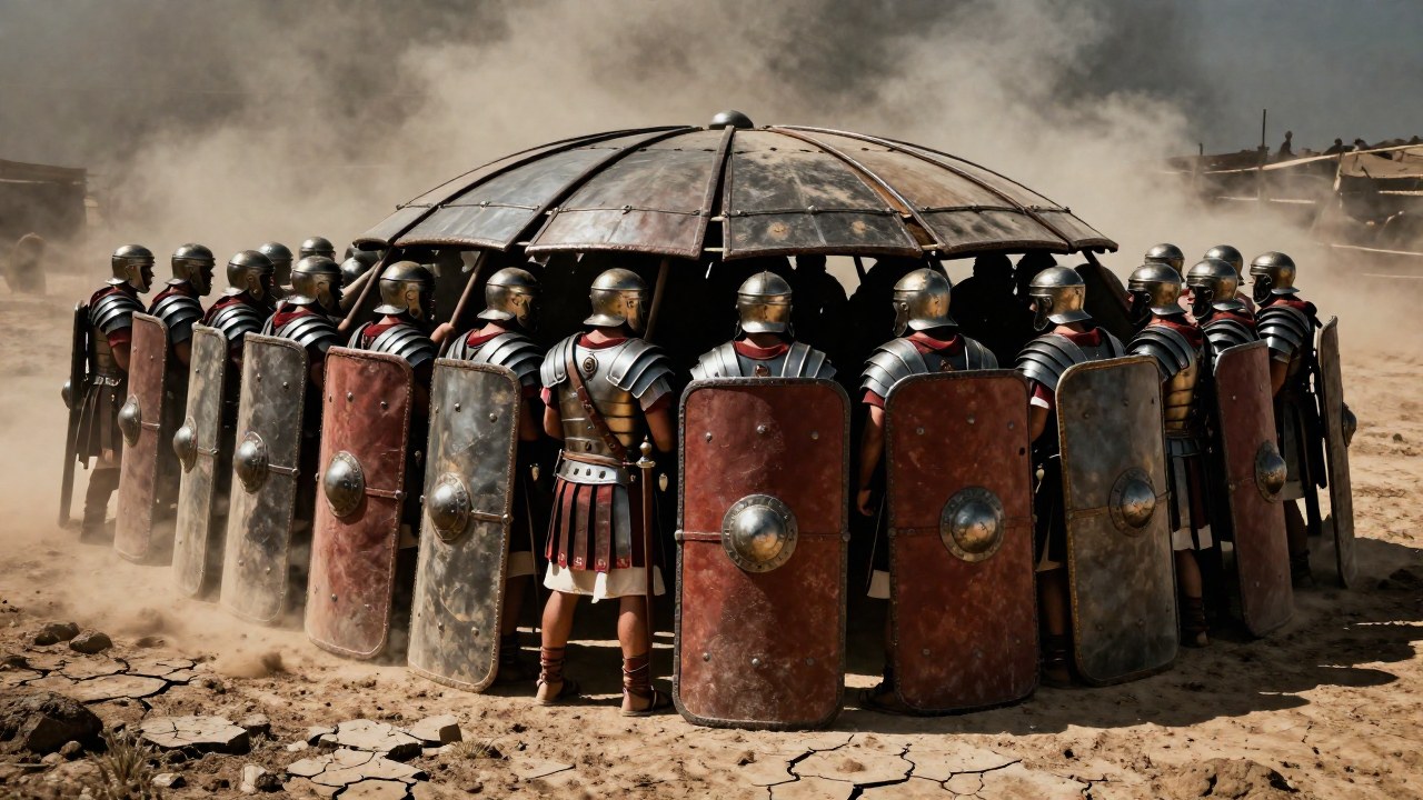 Legionarios romanos en formación Testudo cubriéndose con escudos en un campo de batalla.
