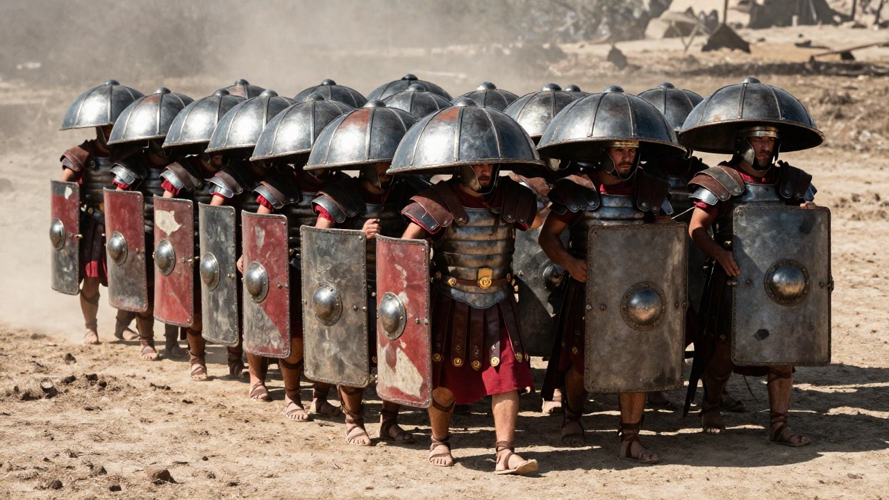 Legionarios romanos en la formación Testudo, utilizando escudos interconectados para crear una defensa táctica.