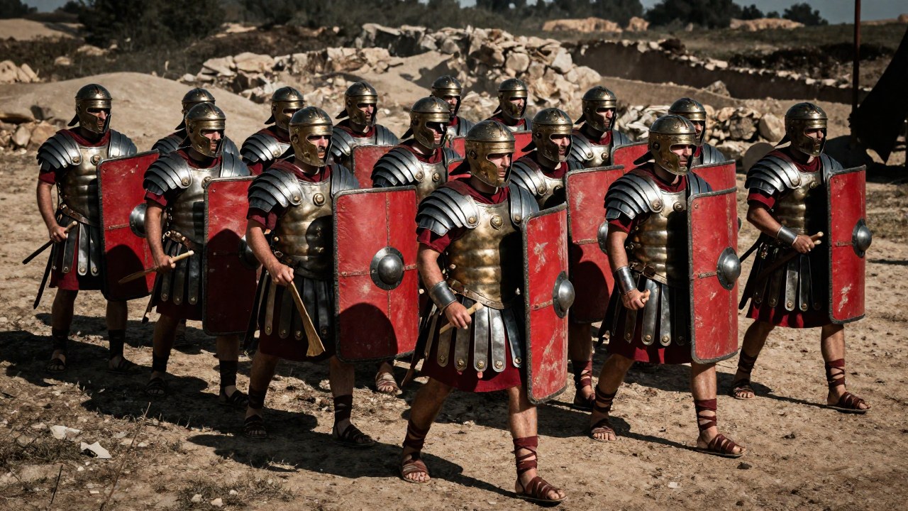 Legionarios romanos en armadura completa formando la defensa Testudo en un campo de batalla.