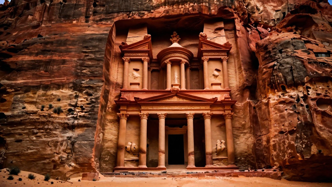 Fachada antigua de Petra mostrando el profundo desgaste y la acción de la erosión en el desierto.