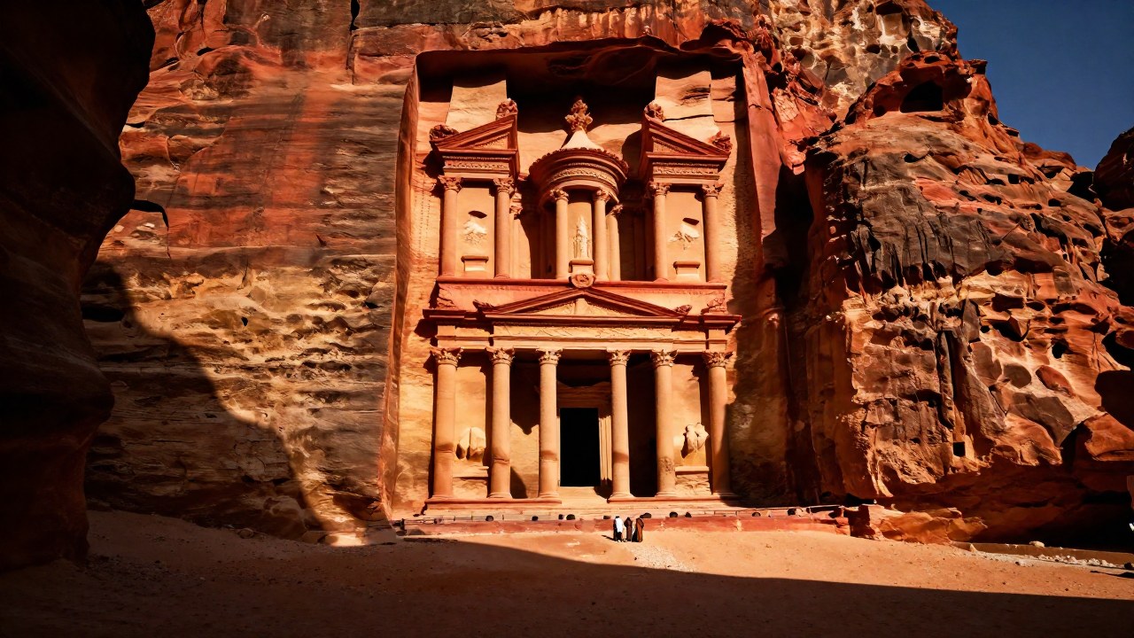 La ciudad nabatea de Petra con sus fachadas talladas en roca y un pequeño grupo de figuras.