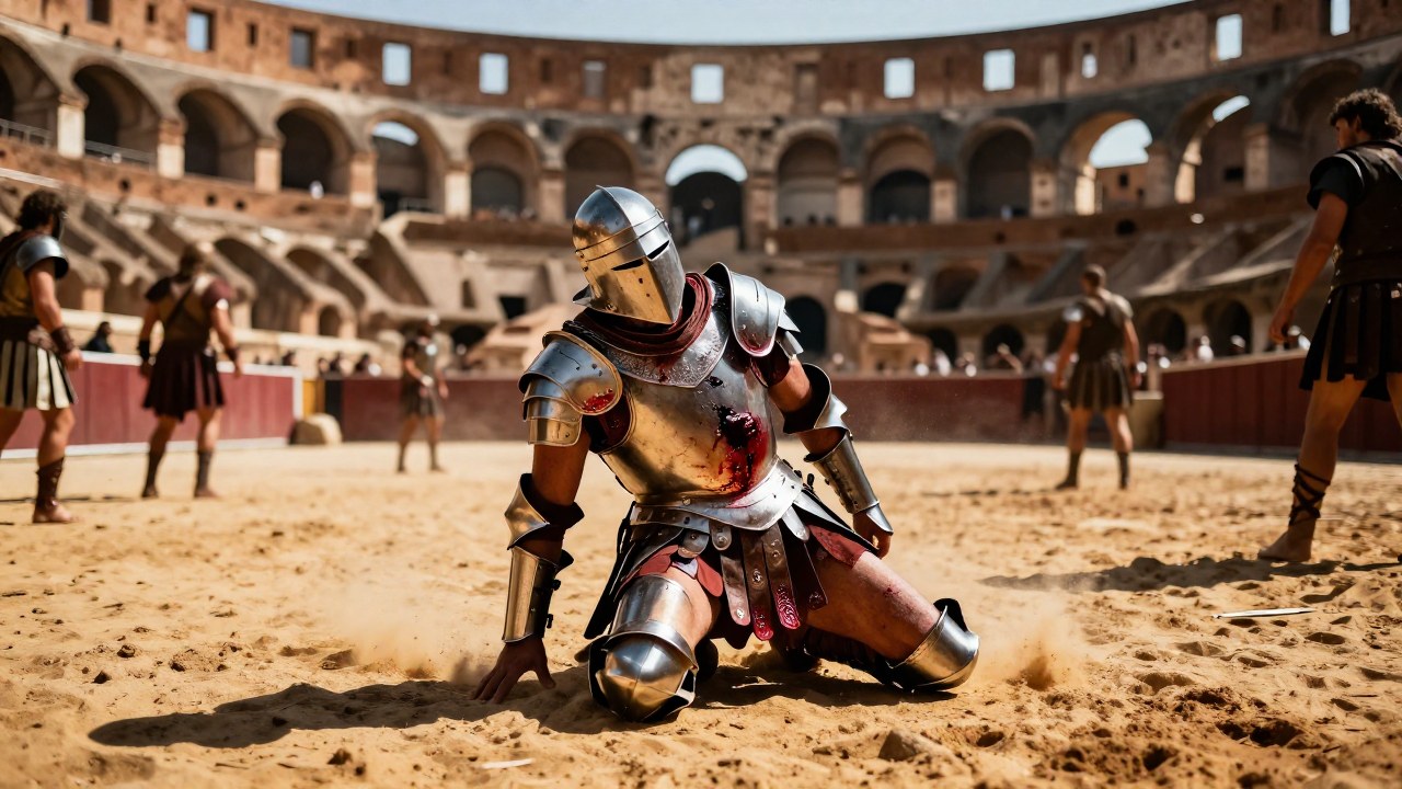 Gladiador herido en el torso, arrodillado en la arena antigua de Roma tras el combate.