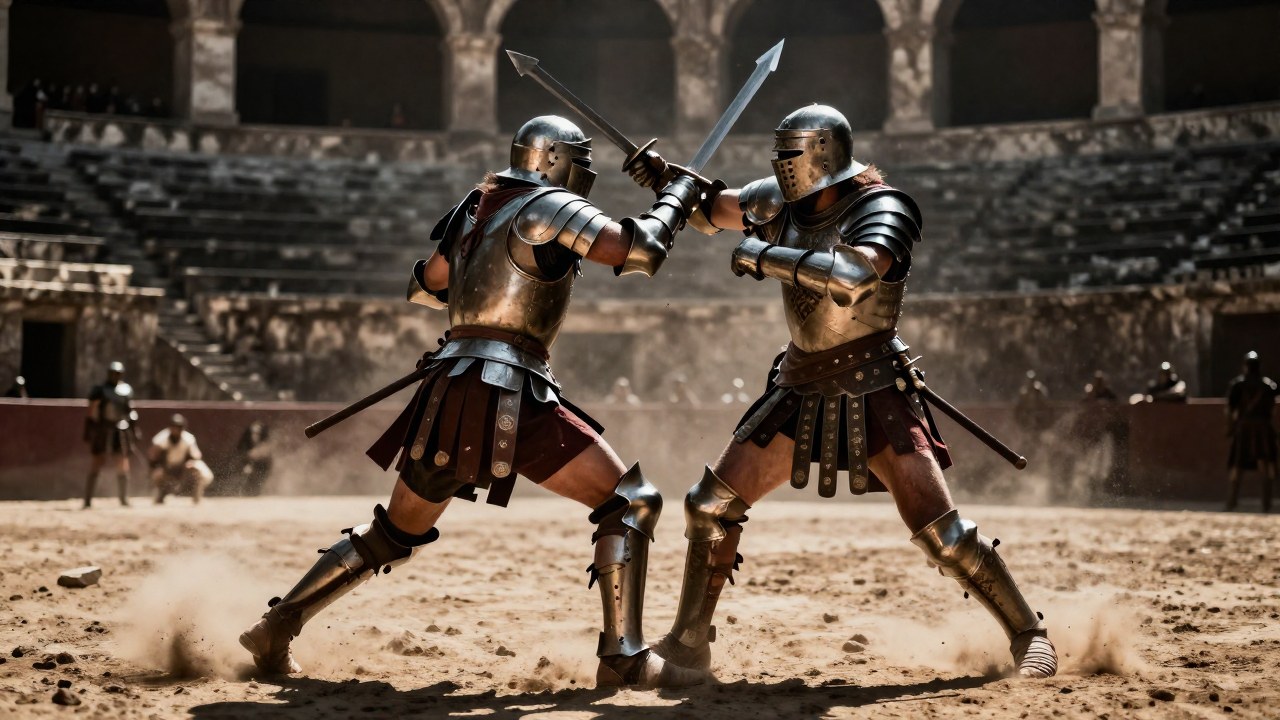 Dos gladiadores fuertemente armados luchan en un intenso combate dentro de una arena romana.