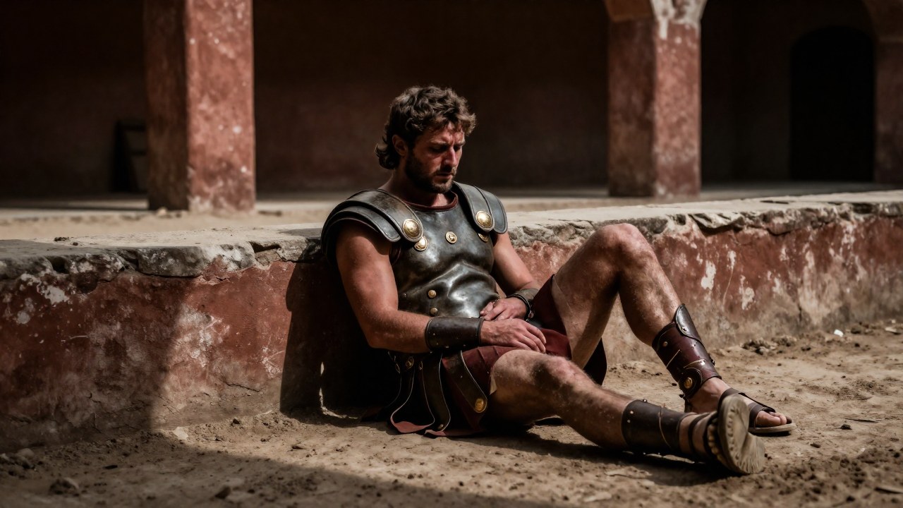 Gladiador romano agotado descansando en un campamento, lidiando con una lesión fuera de la arena.