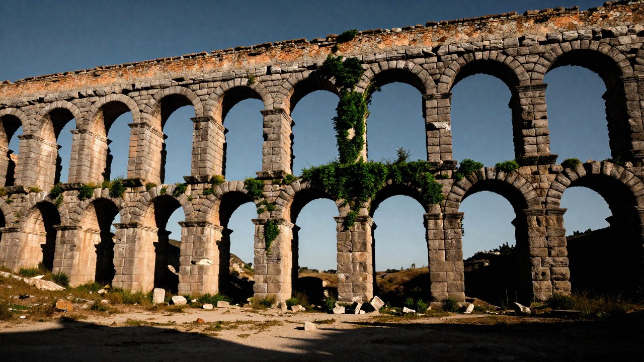 Arcos de un colosal acueducto romano deteriorado, cubiertos de vegetación en un paisaje árido.