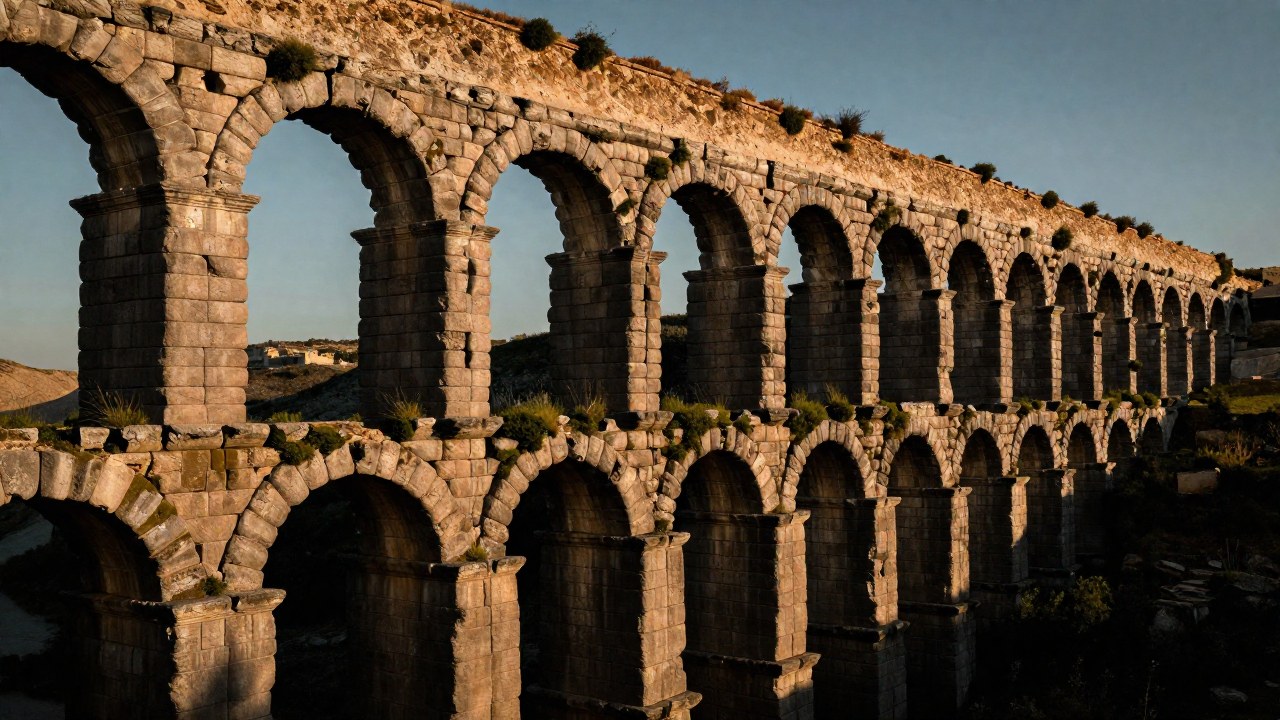 Segmento de un antiguo acueducto romano en ruinas atraviesa un paisaje árido y deteriorado.