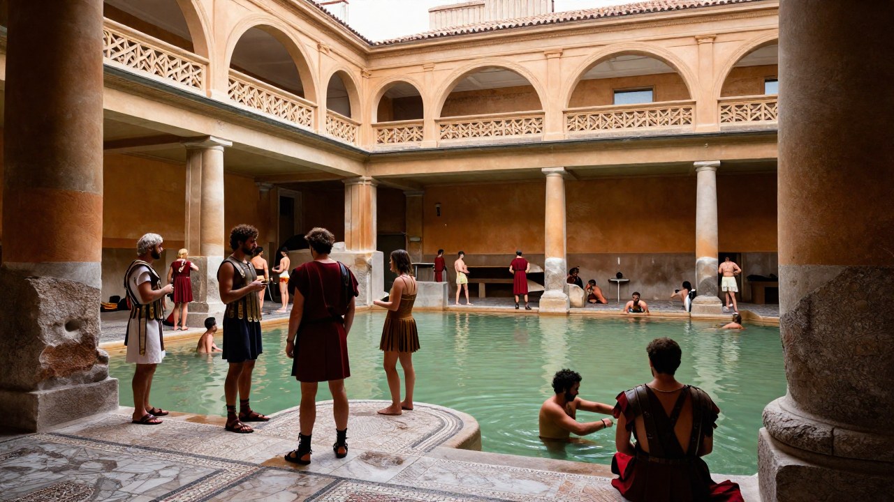 Figuras romanas interactúan y realizan ejercicio en un vasto complejo de baños públicos romanos.