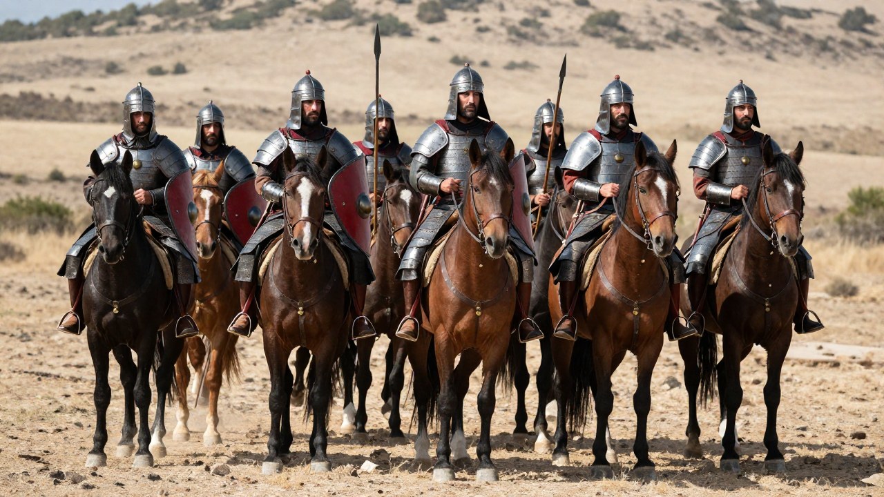 Guerreros ibéricos de la Edad del Hierro montados en caballos, mostrando su armamento en un paisaje seco.