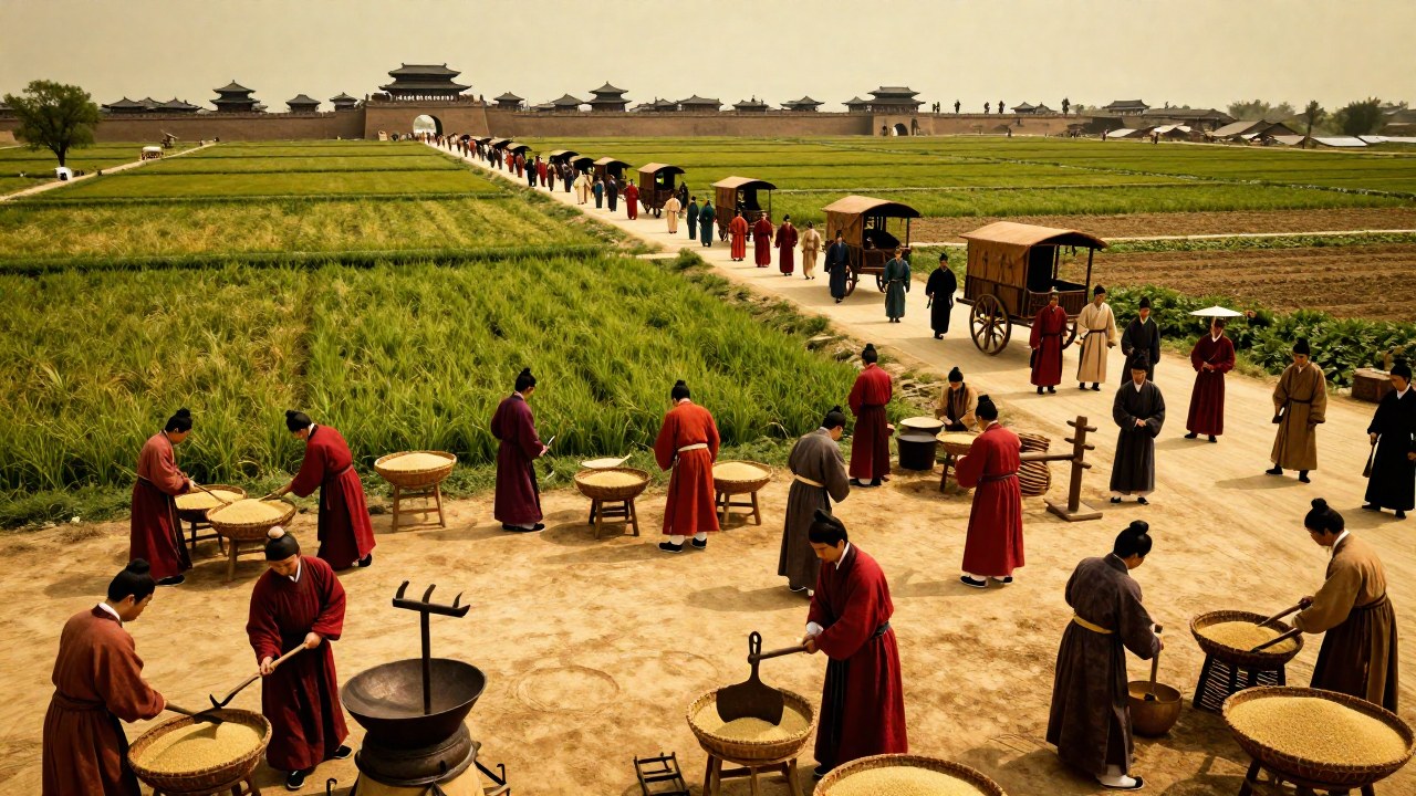 Artesanos de la Dinastía Han trabajan en el campo junto a una caravana de comerciantes.