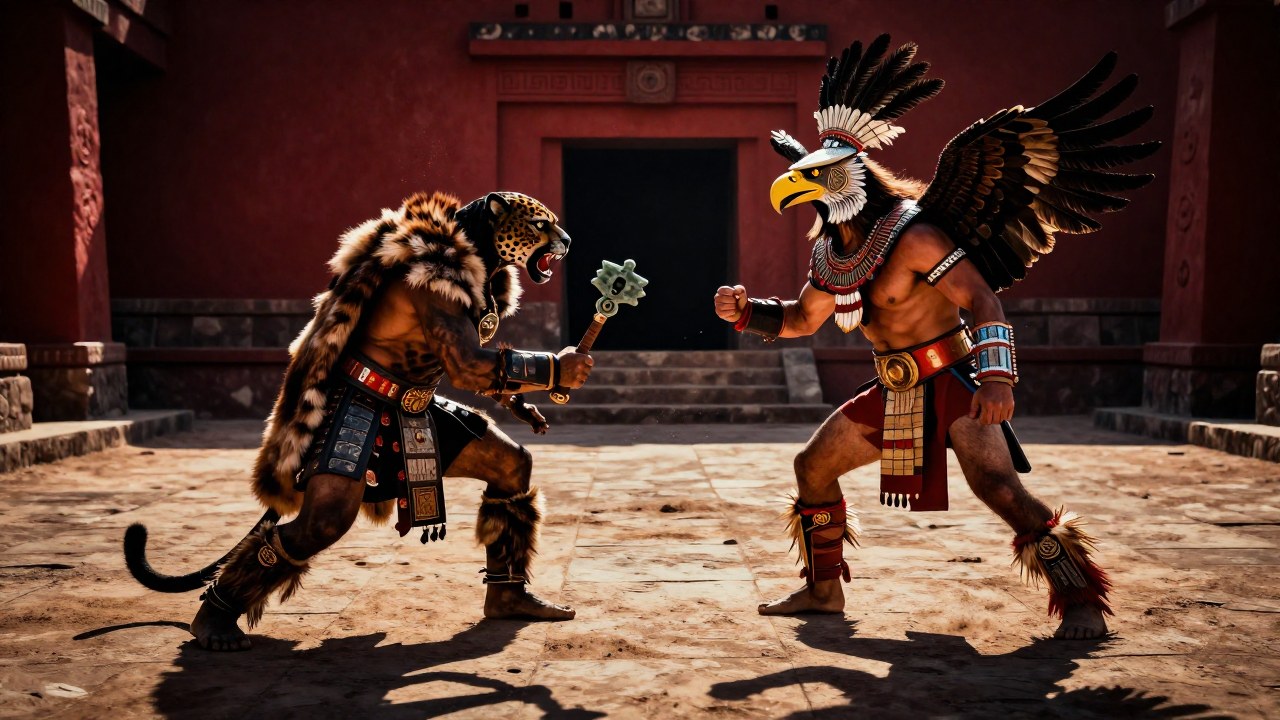 Un guerrero jaguar y un guerrero águila se enfrentan en una antigua plaza ceremonial mesoamericana.
