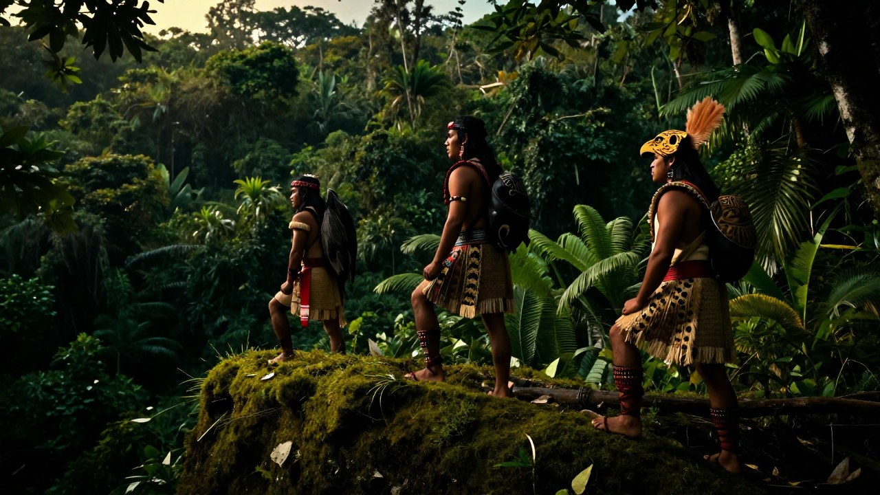 Tres guerreros aztecas en la selva observan estratégicamente un valle durante una misión de reconocimiento.